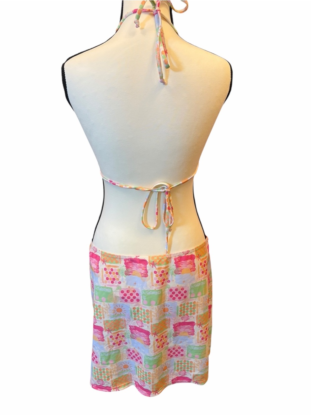 Cabana Del Sol Pastel Patchwork Pink Green Peach Triangle Bikini Set Skirt XL - Picture 4 of 7